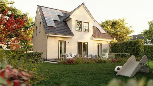 Modernes Einfamilienhaus Flair 134 mit Satteldach und Terrasse im Garten, symbolisch für exakte Grundstücksvermessung und sicheren Hausbau in Aachen und Düren