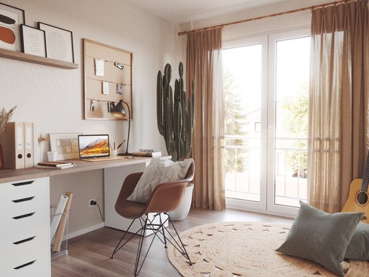 Modernes Arbeitszimmer im Lichthaus 121. Beispiel für flexibles Wohnen mit Homeoffice-Möglichkeiten.