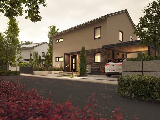 Stadthaus Flair 152 bei Abendlicht, geplant auf Basis eines frühzeitig eingeholten Bebauungsplans für klare Vorgaben zu Baugrenzen, Höhen und Gestaltung in Aachen oder Düren