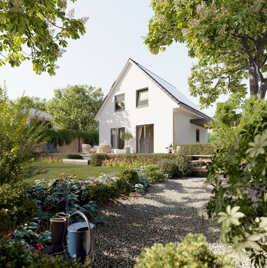 Ein gepflegter Garten neben einem modernen Massivhaus der zeigt wie klare Abstände und Grundstücksgrenzen in NRW zu einer harmonischen Nachbarschaft beitragen