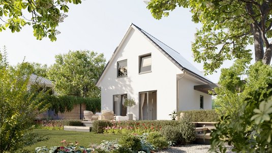 Modernes Einfamilienhaus im Garten auf geprüftem, unbelastetem Grundstück in Aachen, symbolisch für sicheres Bauen ohne Altlasten