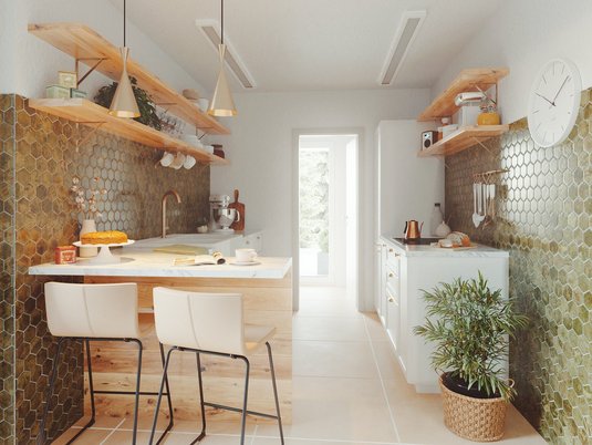 Moderne Küche im Bungalow 128 mit Esstisch und Tageslicht, Symbol für funktionales Design und familiäre Atmosphäre