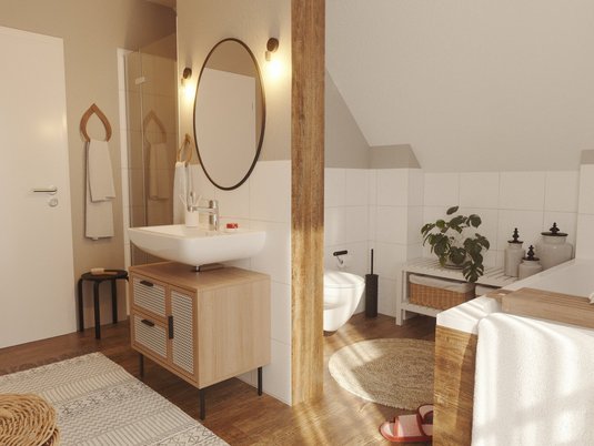 Badezimmer im Lichthaus 121 mit Badewanne und Dusche. Beispiel für individuellen Innenausbau mit Wellness-Charakter.
