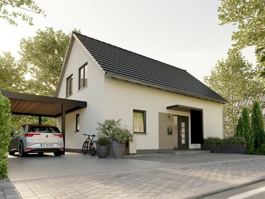 Modernes Einfamilienhaus mit Carport und Garten als Symbol für sicheren Hausbau auf geprüftem Baugrund in Aachen und Düren mit Fokus auf Vertrauen und Planungssicherheit