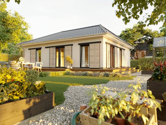 Bungalow 92 mit Schiebeläden und Garten Moderner Bungalow mit Schiebeläden und Terrasse als Symbol für vollständige Bauunterlagen im Genehmigungsprozess