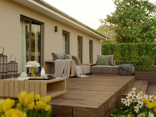 Bungalow 131 energieeffizient gebaut Bungalow 131 mit großer Fensterfront und energieoptimierter Gebäudehülle