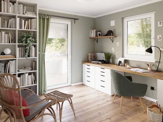 Helles Arbeitszimmer mit modernem Schreibtisch steht für Konzentration und Planungssicherheit im eigenen Haus