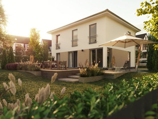 Modernes Stadthaus mit Garten steht sinnbildlich für sicheren Hausbau auf geprüftem Baugrund in Aachen und Düren mit Fokus auf Stabilität und Planungssicherheit