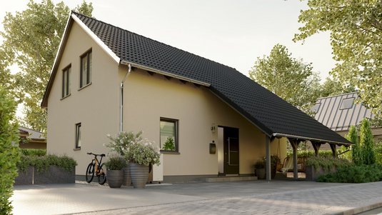 Straßenansicht des Hauses Bodensee 129 von MP Projektmanagement – modernes Massivhaus mit klarer Architektur und einladendem Eingangsbereich