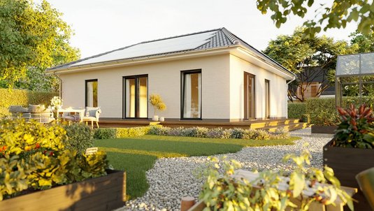 Ein moderner Bungalow mit gepflegtem Garten der zeigt wie klare Grundstücksgrenzen und offene Kommunikation in NRW zu einer harmonischen Nachbarschaft beitragen
