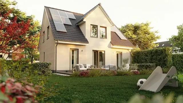 Massivhaus Flair 134 mit Garten Modernes Einfamilienhaus Flair 134 mit Satteldach und Terrasse im Garten, symbolisch für exakte Grundstücksvermessung und sicheren Hausbau in Aachen und Düren