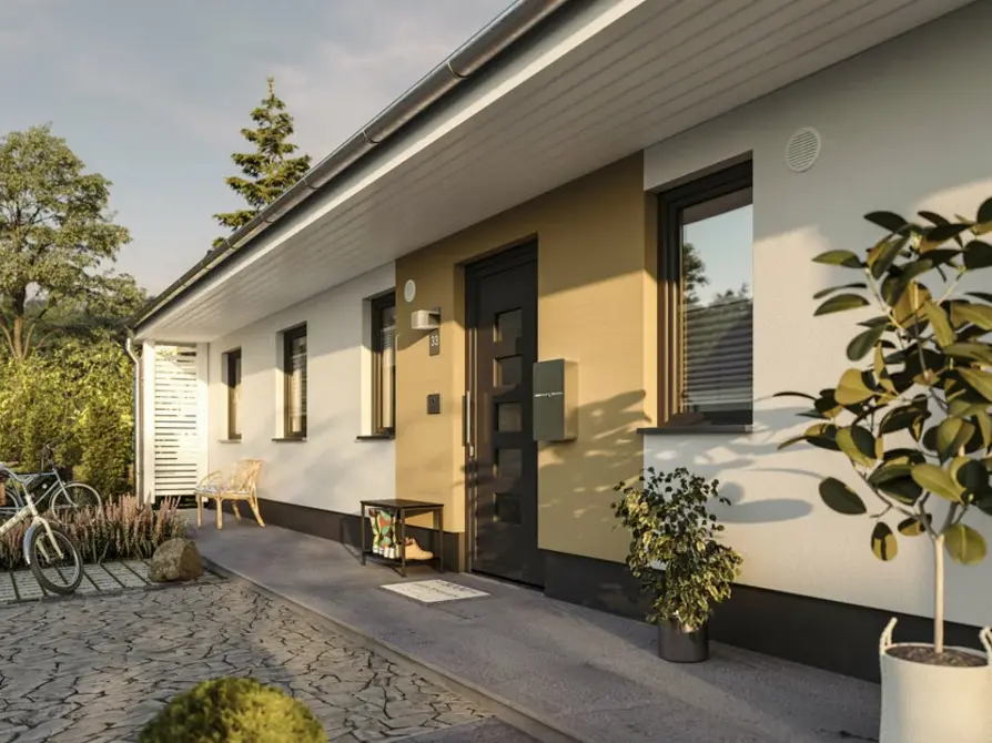 Detailsansicht Eingangsbereich und Veranda des Bungalow 131 in Variante Style