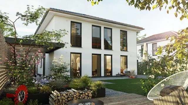 Stadtvilla mit Gartenperspektive für sicheren Hausbau in NRW Moderne Stadtvilla mit einladender Gartenansicht als Inspiration für den Hausbau in Aachen und Düren und für die sichere Planung eines Massivhauses auf geeignetem Bauland
