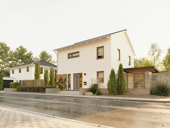 Stadthaus Flair 124 mit Satteldach und Carport, Beispiel für durchdachte Bauplanung und präzise Grundstücksvermessung