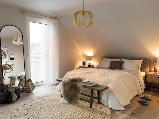 Modernes Schlafzimmer mit großen Fenstern steht für Ruhe und Geborgenheit im Eigenheim in Aachen, Düren oder NRW