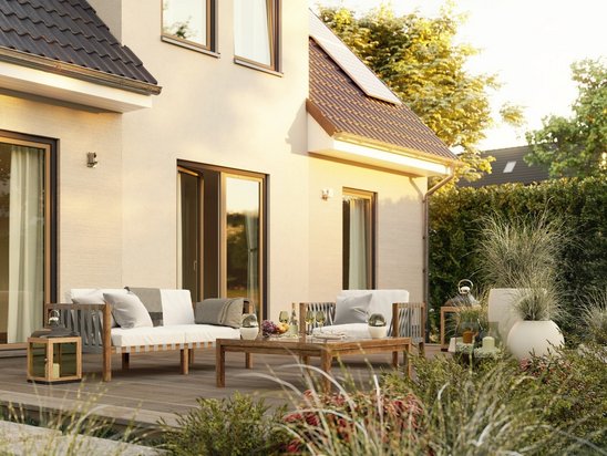 Einfamilienhaus Flair 134 mit klassischer Putzfassade und großem Garten. Ideal für Familien, die Wert auf Qualität und Stabilität legen.