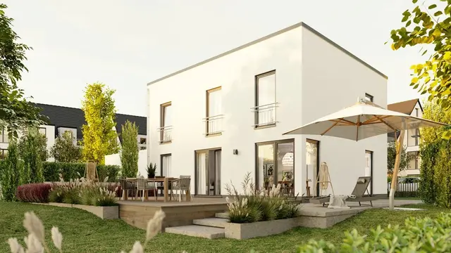 Stadthaus in moderner Architektur für sicheres Bauen an Grundstücksgrenzen in NRW Modernes Stadthaus in klarer Architektur das den Traum vom Eigenheim in NRW zeigt und die sichere Planung an Grundstücksgrenzen unterstützt