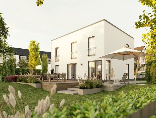 Stadthaus Flair 152 mit Flachdach und Gartenansicht, Beispiel für moderne Bauweise und verlässliche Grundstücksplanung