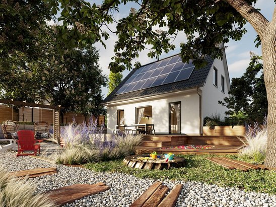 Einfamilienhaus mit Garten weiße Putzfassade und bodentiefe Fenster als Symbol für Lageplan Flurkarte und Statik im Bauantrag