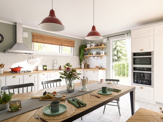 Moderne Küche im Flair 152 mit Essbereich. Beispiel für Innenausbau, der Funktionalität und Wohngefühl vereint.