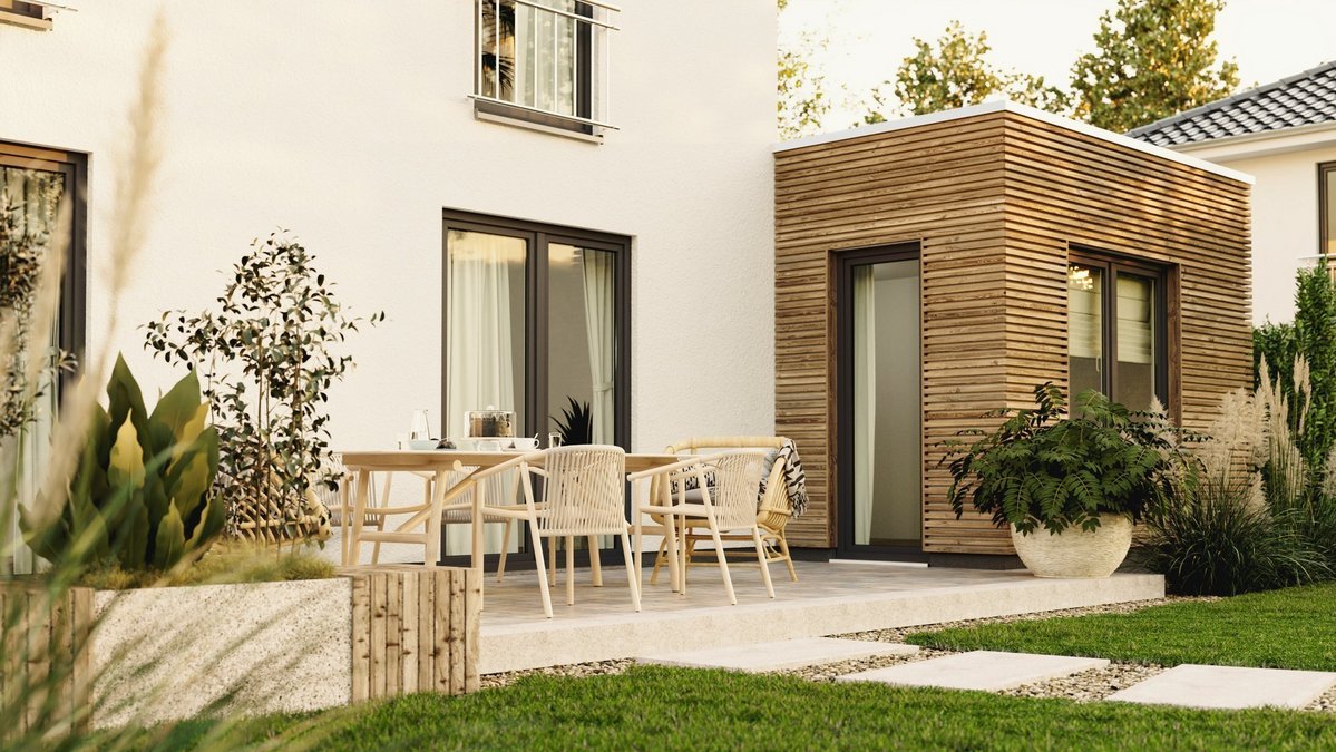 Ansicht des Stadthauses Flair 124 vom Garten auf die Terrasse mit optionalem Kubus - modernes Massivhaus im Hausbau-Ablauf gezeigt.