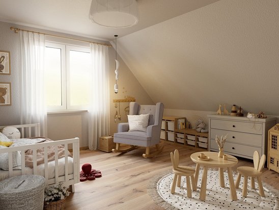 Helles Kinderzimmer mit liebevoller Einrichtung symbolisiert Sicherheit und Familienglück im Eigenheim