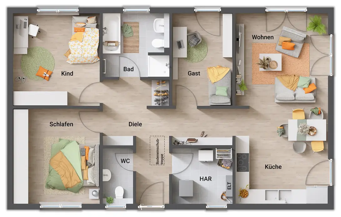 Grundriss-Bungalow-100-Erdgeschoss-4-Zimmer-Variante-Gaeste-WC