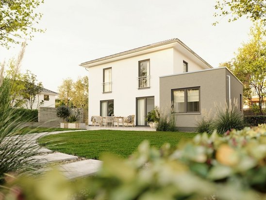 Modernes Stadthaus mit optionalem Kubus und klaren Linien als Symbol für Brandschutzkonzept und Bauzeichnungen im Antrag