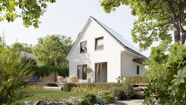 Sicheres Baugrundstück ohne Altlasten Modernes Einfamilienhaus im Garten auf geprüftem, unbelastetem Grundstück in Aachen, symbolisch für sicheres Bauen ohne Altlasten