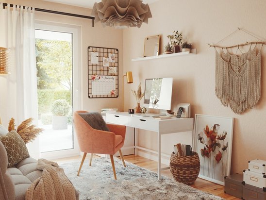 Helles Homeoffice mit Schreibtisch und Fenster im Bungalow 128, Beispiel für flexible Wohnkonzepte und individuelle Raumplanung