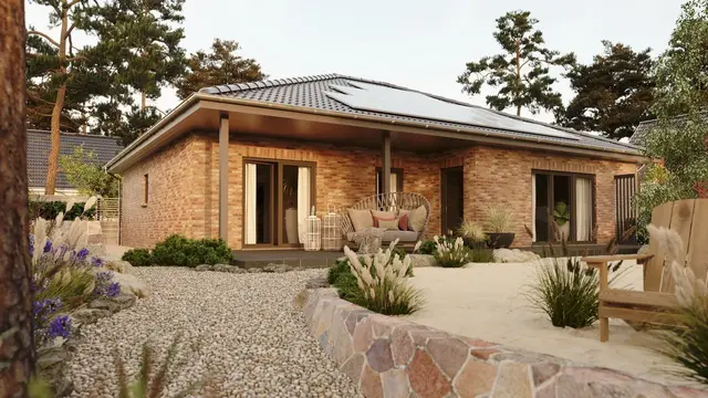 Bebauungsplan sicher nutzen für entspannten Hausbau in Aachen und Düren Moderner Massivhaus Bungalow im Gartenbereich als Beispiel für ein Haus, das gemäß Bebauungsplan in Aachen oder Düren geplant werden kann und klare Vorgaben wie Baugrenzen, GRZ und GFZ einhält
