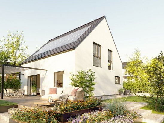Einfamilienhaus Flair 134 mit überdachter Terrasse und Garten, Symbol für Wohnqualität, Geborgenheit und präzise Grundstücksplanung