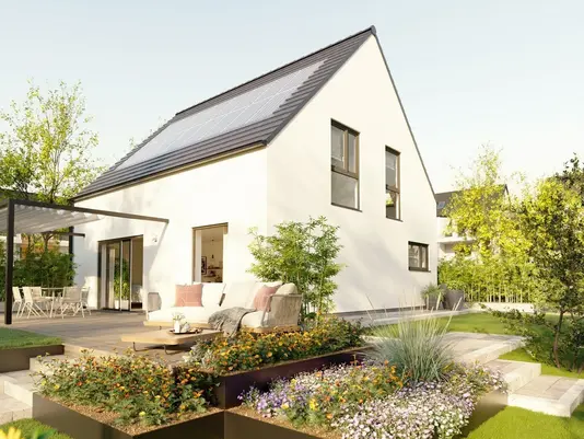 Einfamilienhaus mit klarer Wegeführung für sichere Erschließung und Nachbarschaftsplanung in NRW Ein modernes Einfamilienhaus mit Terrasse das zeigt wie wichtig klare Wege und Leitungsrechte für eine sichere Erschließung und gute Nachbarschaft in NRW sind